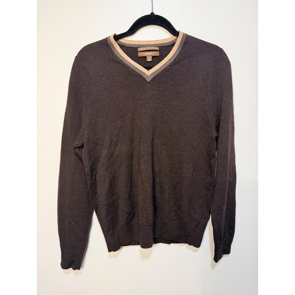 Italian 100% Merino Wool V-Neck Sweater Pullover Brown Size S Old Money Academia